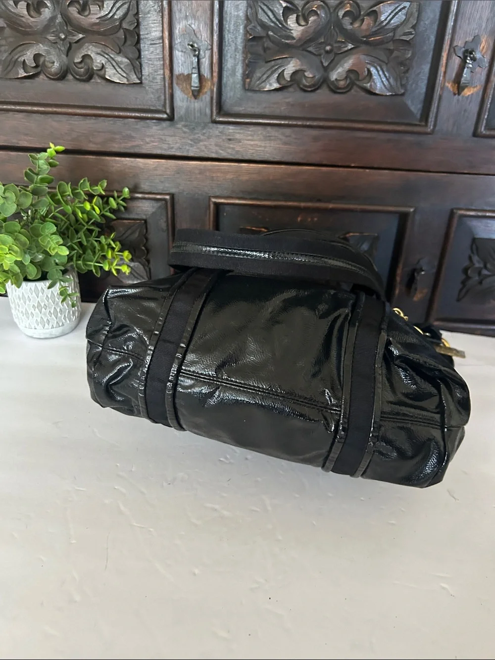 Coach Black Patent Leather Shoulder Tote with Heart Zip Pulls